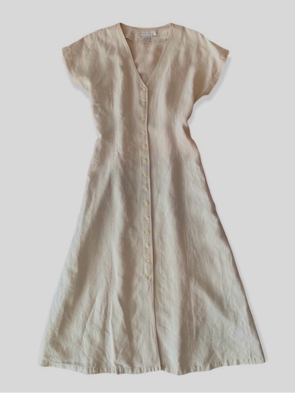 Tweeds 100% Linen Natural Beige Button Front Short Sleeve Midi Dress